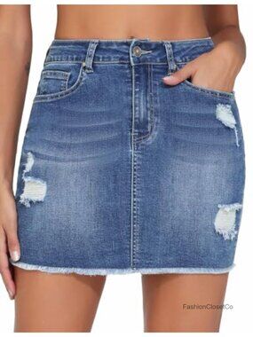 Ripped Denim Mini Skirt Raw Hem Medium Stretch Cotton Blend